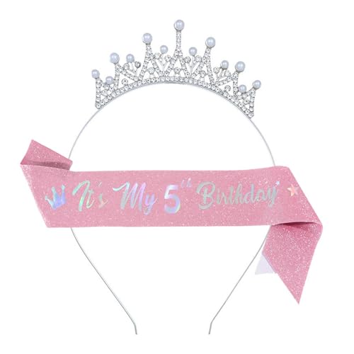 Illkjasfc Geburtstag Prinzessin Stirnband und Schärpe Set für Mädchen mit verstellbaren Größen Alter 3-10 Jahre Glitzer Party Zubehör für besondere Anlässe Mädchen Geburtstag Stirnband Schärpe Set von Illkjasfc
