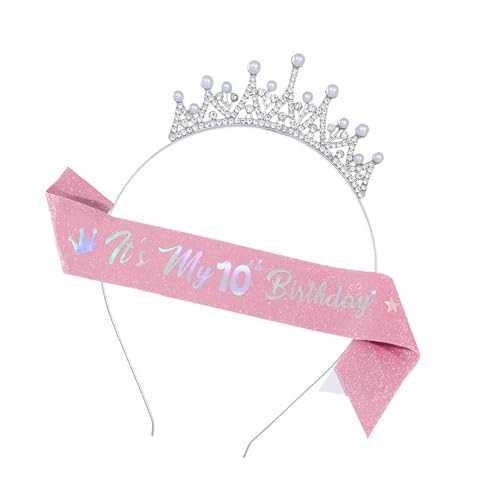 Illkjasfc Geburtstag Prinzessin Stirnband und Schärpe Set für Mädchen mit verstellbaren Größen Alter 3-10 Jahre Glitzer Party Zubehör für besondere Anlässe Mädchen Geburtstag Stirnband Schärpe Set von Illkjasfc