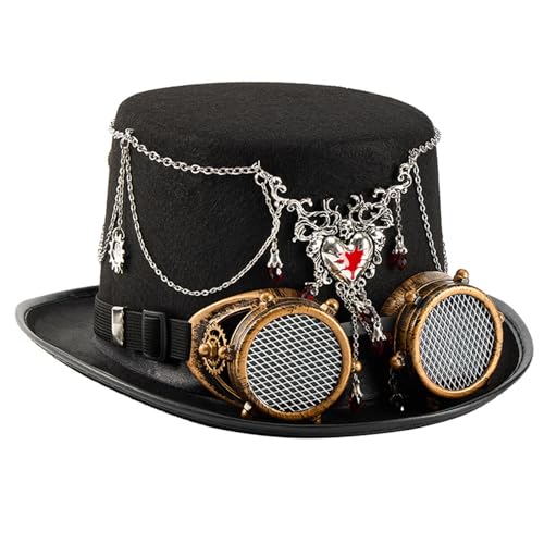 Illkjasfc Theater-/Punk-Hut, bewegliche, metallische Zahnräder, mechanisches Zubehör und abnehmbare Vintage-Brille für Kostümpartys, dunkler Steampunk-Hut mit verstellbarer Brille von Illkjasfc