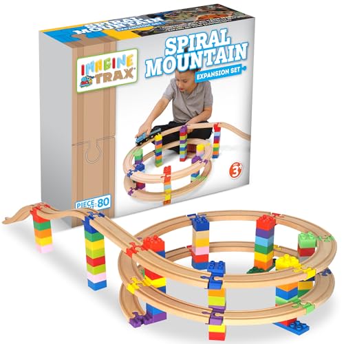 Spiralgebirgs-Erweiterungsset für Holzbahnstrecke – Erhöhen Sie Ihr Bahnbauabenteuer mit 80 Teilen, einschließlich spezieller Verbindungsstücke, Holzbahn und bunten Blöcken, 21,6 cm hoch von ImagineTRAX