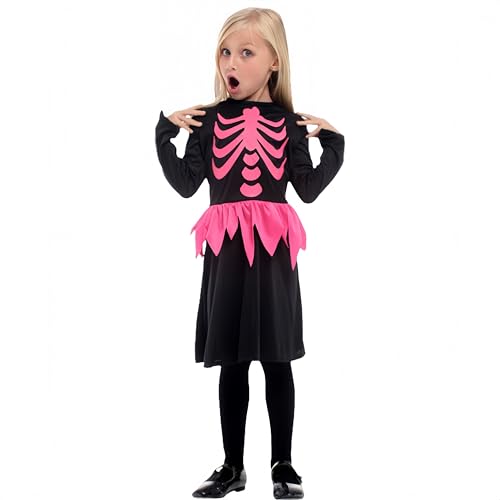 Halloween-Kinderkostüme für Mädchen – Kostüm-Set für Halloween-Ver kleidung, beinhaltet Totenkopf-Skelett-Kostüm, Vampir-Shirt-Kleid, Teufel-Tod-Kostüm, in zwei Farben verfügbar​ (XL2:130-140cm) von Imoncom