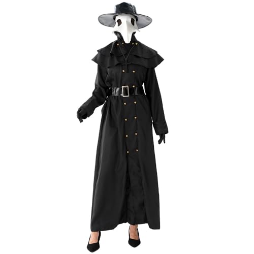 Halloween-Plague-Doctor-Cosplay-Kostüm – Kostüm für Halloween-Verkleidung, beinhaltet Vogelkopf-Schwarzrabe-Maske und gruseliges Arztkostüm, ideal für Plague-Doctor-Festverkleidung (S：165-175cm) von Imoncom