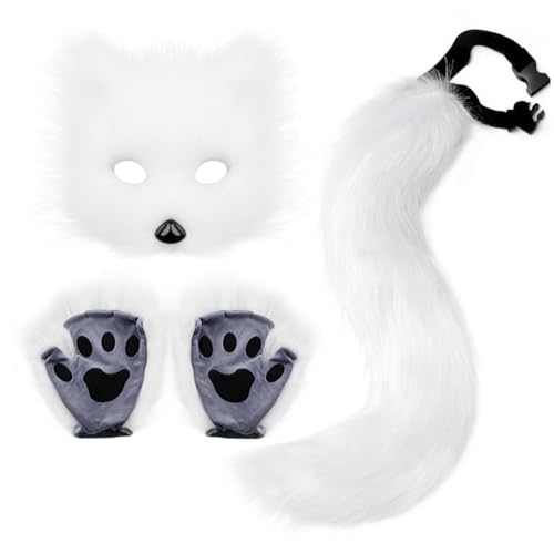 Imoncom Halloween-Kostüm-Set – Set mit realistischer Fuchsmaske, Handschuhen & pelzigem Fuchsschwanz, handgefertigter Tier-Schwanz für Cosplay & Halloween-Partys, ideal für Kostümaccessoires (weiß) von Imoncom