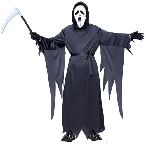 Imoncom Halloween-Tod-Kostüm-Set – Kostüm für Halloween - COS & gruselige Verkleidung, beinhaltet Tod-Kleidung, Sichel, schreiendes Tod-Design und weiches faltbares EVA-Maske (120cm) von Imoncom