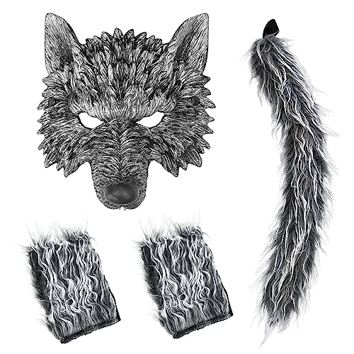 Wolfsmaske mit Wolfsschwanz und Handschuhen, Wolfskostüm und Werwolf-Maske für Herren, Damen, Kinder, Halloween, Party, Verkleidung, Cosplay (Grau) von IncreDecor