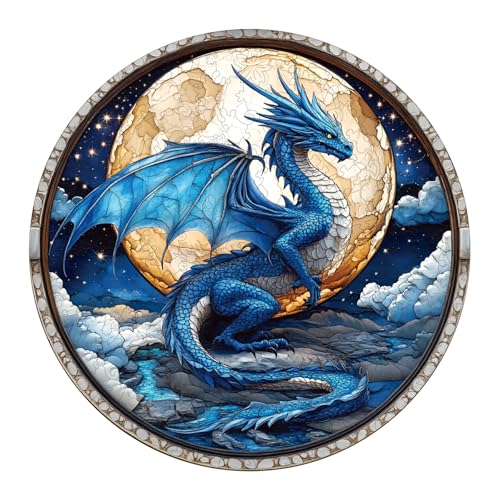 Individz Holzpuzzle für Erwachsene Kinder, Einzigartige Tierförmige 3D Blauer Drache im Mondlicht Wooden Puzzle, Kreatives Geburtstagsgeschenk für Erwachsene(L-34 * 34cm-300 Stück) von Individz