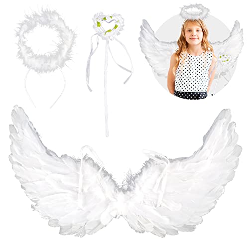 3 Stück Engel Flügel 60CM, Weiße Engelsflügel Deko mit Heiligenschein und Zauberstab, Engels Flügel Kostüm, Weiße Engel Kostüm Damen, für Halloween Karneval Cosplay Party Fasching Kostüme von Indrnif
