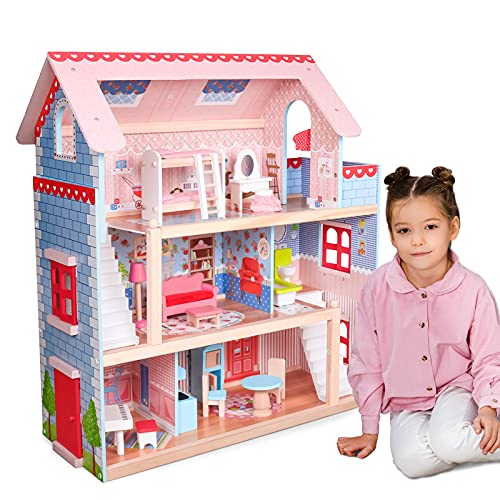 Infantastic® Puppenhaus - aus Holz, 3 Etagen, mit LED, Zubehör/Möbel, ab 3 Jahre, für 13cm große Puppen - Doll House, Puppenvilla, Spielhaus, Puppenhäuser für Kinder, Mädchen, Jungen von Infantastic