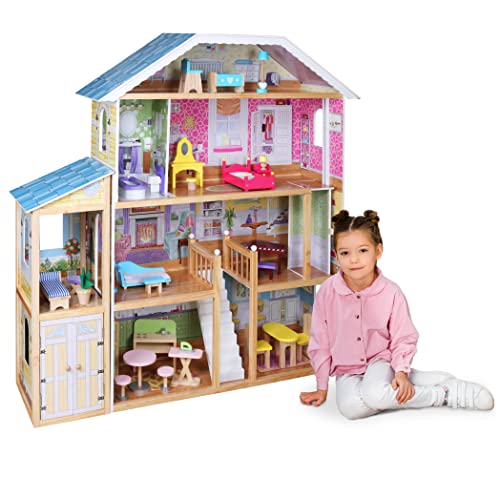 Infantastic® Puppenhaus aus Holz - XXXL, 4 Spielebenen, Spielset mit Möbeln und Zubehör, für 30 cm große Puppen - Puppenvilla, Dollhouse, Puppenstube, Kinder Spielzeug für Mädchen und Jungen von Infantastic