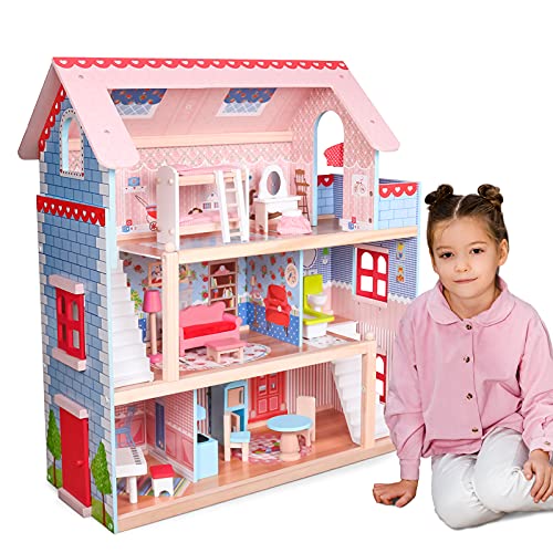 Infantastic® XXL Puppenhaus aus Holz mit LED - 3 Spielebenen, Möbeln/Zubehör, für 13cm große Puppen - Puppenvilla, Dollhouse, Kinder, Puppenstube, Spielzeug, Kinderzimmer, Schlafzimmer, Mädchen von Infantastic