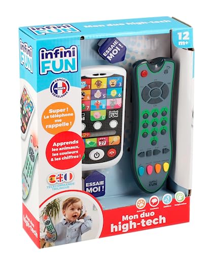 Infini Fun - Mein Duo High-Tech Telefon + Fernbedienung – 1 dreisprachige Fernbedienung Französisch/Englisch/Spanisch & 1 Telefon Ultra realistisch – Spielzeug zum Lernen, ab 12 Monaten von Infini Fun