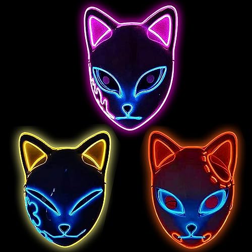 Infinity Gauntlet 3 Stück LED-Demon Slayer Maske Comic Demon Slayer Cosplay Maske Halloween Anime Japanische Fuchs Katze Requisiten für Erwachsene von Infinity Gauntlet