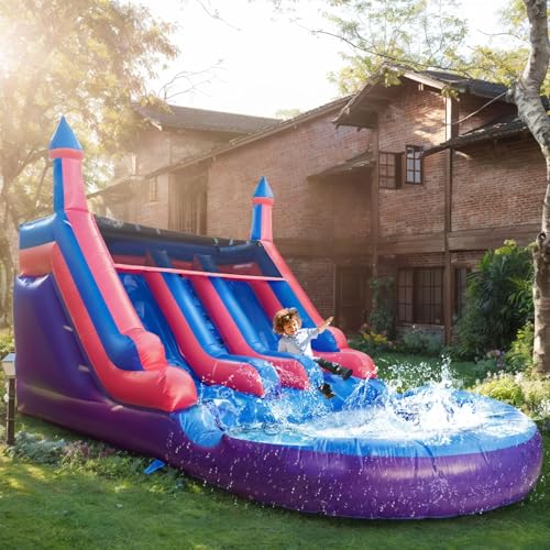 Hüpfburg mit Wasserrutsche für Kinder,PVC Aufblasbare Hüpfburg mit 950W Gebläse, Kletterwand, Springen,Splash Pool für Kinder Outdoor Indoor,640 * 333 * 410cm von Inflantteble