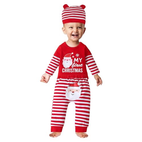 Injuv Baby-Weihnachtsoutfit | 3-teiliger Baumwoll-Body, Hose und Mütze,Hautfreundliches rot-weiß gestreiftes Winter-Outfit-Set für Jungen und Mädchen von Injuv