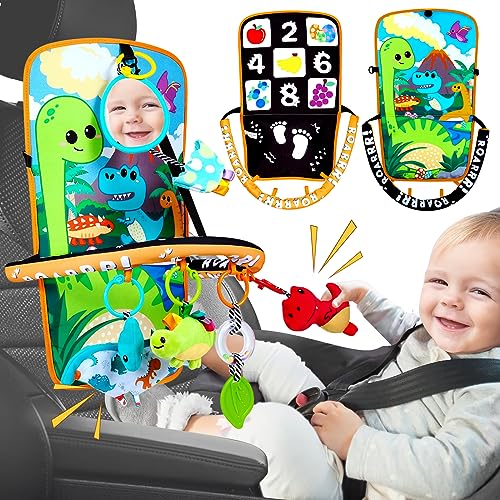 Baby Autositz Dinosaurier Spielzeug - Kick and Play Doppelseitiges Säugling Autositz Spielzeug mit Plüschtieren, Spiegel, Beißring für Baby, Baby Reiseaktivitäten, Weihnachten Geburtstag Geschenke von Innofans