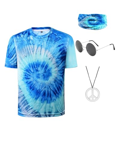 Inrajoper Hippie-Kostüm-Zubehör für Kinder, buntes Batik-Shirt für Mottoparty, 4–5 Jahre, Blau, 4 Stück Inrajoper Hippie-Kostüm-Zubehör für Kinder, buntes Batik-Shirt für Mottoparty, 4–5 Jahre, Blau, 4 Stück von Inrajoper