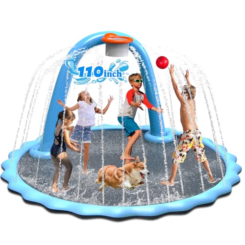 Instraella 110'' Splash Pad mit Ball, Basketballkorb & Bogen, Outdoor-Wassermatte für Kinder, Hunde & Erwachsene, rutschfestes, verdicktes Sprinkler-Pad für Hinterhof-Sommerspaß von Instraella