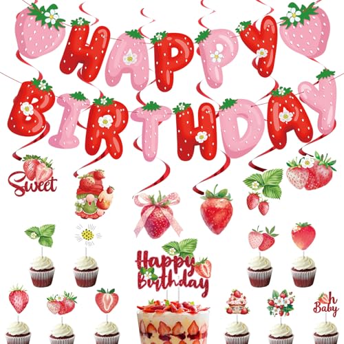 18-teiliges Set Erdbeer-Geburtstagsparty-Dekorationen für Mädchen, mit Bannern und Flaggen, Kuchenaufsätze, Erdbeer-Hängewirbel, Obstbonbons, Motto-Party-Dekoration für Frühling, Sommer, Geburtstag von InteDesign