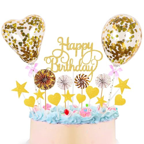 Rose Gold Happy Birthday Cake Topper Set, Gold Cake Toppers for Girls Boys, Sequins Balloon Glitter Card Cake Toppers, for Birthday Party Decorations Supplies (Gold) von InteDesign