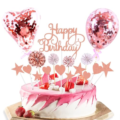 Rose Gold Happy Birthday Cake Topper Set, Gold Cake Toppers for Girls Boys, Sequins Balloon Glitter Card Cake Toppers, for Birthday Party Decorations Supplies (Rose Gold) von InteDesign
