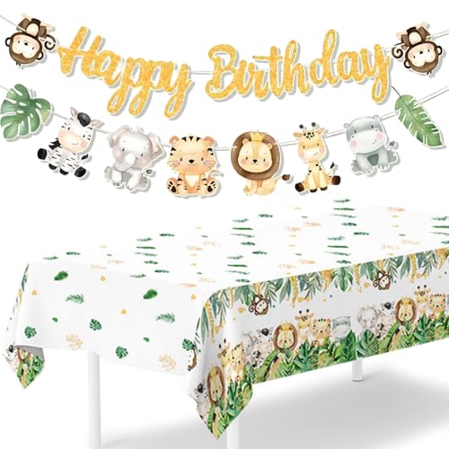 Safari Tiere Happy Birthday Banner Tischdecken, Dschungel Geburtstag Party Dekoration, Safari Dschungel Thema Party Dekorationen, für Jungen Mädchen Geburtstag, Babyparty (Stil 1) von InteDesign