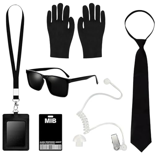 Geheimdienst Kostüm Set Spion, Geheimagent Kostüm Zubehör mit Krawatte, mit Schwarzer Sonnenbrille Zip Krawatte Hörer ID Karte und Kartenhalter für Männer Frauen von Integrity.1