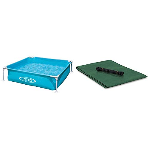 Intex Kinderpool Frame Pool Mini, Blau, 122 x 122 x 30 cm & Windhager Abdeckplane, 4m Sandkasten-Abdeckung, Sandkisten-Plane mit Metallösen und Gummikordel, Small, 180 g/m² 1,4 x 1,4 m, grün, 07046 von Intex