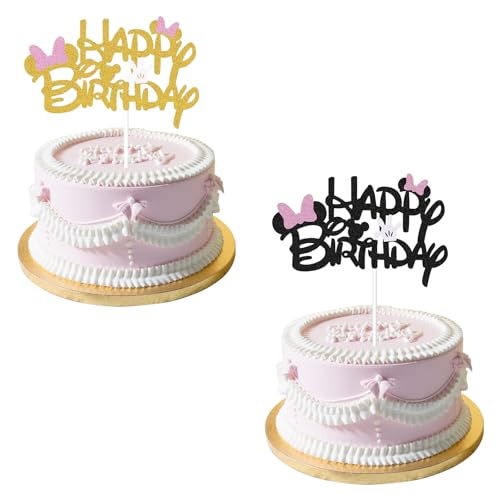 2 Stück Mini Maus Tortendeko Geburtstag Glitter Toppers, Mouse Cake Topper, Happy Birthday Cake Topper, Mädchen Kuchen Toppers für Baby-Dusche Kinder Party Geburtstag Schwarz Gold von Invasye