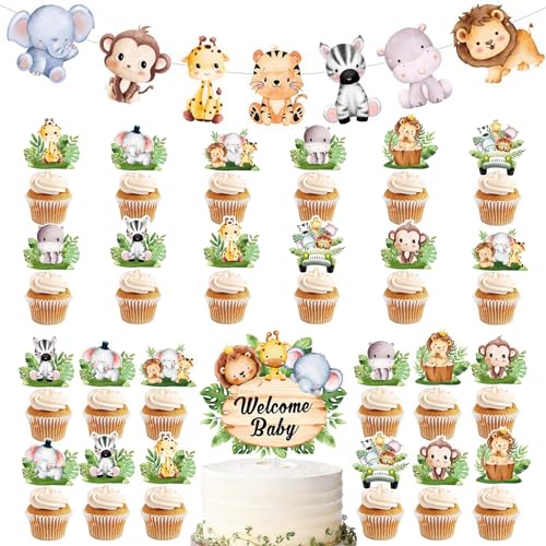 26 Stück Muffin Deko Tiere, Tier Cupcake Topper, Tortendeko Waldtiere Banner, Babyparty Tortendeko, Cupcake Toppers, für Kindergeburtstags Party Dekoration Dschungel Safari Thema Party Zubehör von Invasye