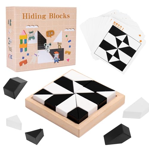 Montessori Holzspielzeug,3D-Puzzle Kinder,16 Stück Intelligenz Bausteinen und 40 Designkarten,Fördert räumliche Vorstellungskraft und logisches Denken,Puzzle Spielzeug ab 3 Jahren Junge und Mädchen von Invasye