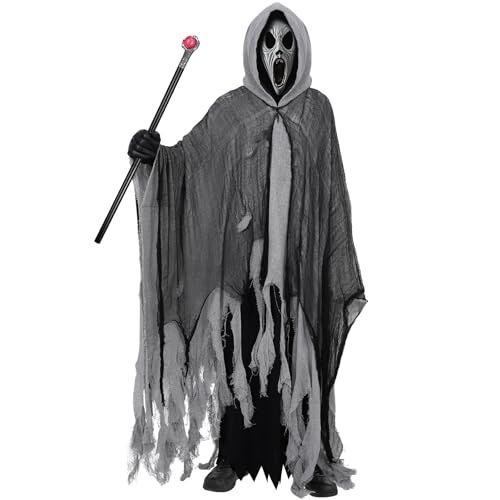 Invoibler Mittelalterlicher Umhang mit Kapuze, gruselige Halloween-Kostüme für Männer und Frauen, Umhang mit Zepter, Cosplay, für Erwachsene, Party-Requisiten, GRAU, Einheitsgröße von Invoibler
