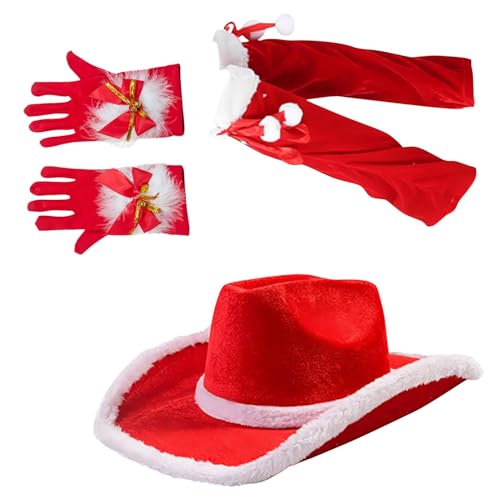 Cowboyhut für Weihnachten, Cowgirl-Mütze, Weihnachtsmann, Cosplay-Hut, Rot, elegant, Weihnachtskostüm-Zubehör für Zuhause, drinnen und draußen von Iouyjiu