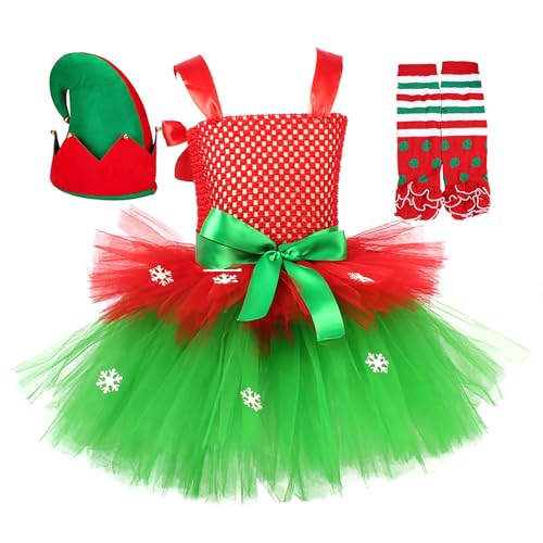 Iouyjiu Weihnachtskleid Mädchen - Weihnachtskostüm mit Hut und Socken | Ärmelloses Tüllkleid für 2-12 Jahre Wintertag Rollenspiel Party Bühnenauftritt Fotografie von Iouyjiu