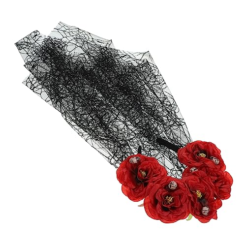 Ipetboom Gothic Halloween Haarschmuck mit Schleier und Blumen für Kostümpartys Grusel Events und Fotoshootings Kunstblumen und Schädel Design Bequem zu Tragen von Ipetboom