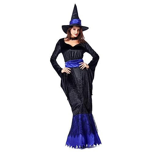 Ipetboom Halloween Hexenkostüm Set für Damen Xl Blau Schwarzes Langarm Kleid mit Spitzenabschluss Hut und Halskette Bequemes Cosplay Outfit für Halloween Party Kostümfest und Verkleidung Ipetboom Halloween Hexenkostüm Set für Damen Xl Blau Schwarzes Langarm Kleid mit Spitzenabschluss Hut und Halskette Bequemes Cosplay Outfit für Halloween Party Kostümfest und Verkleidung von Ipetboom