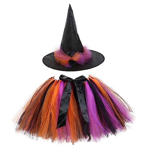 Ipetboom Halloween Hexenkostüm mit Hut und Schwarzem Tüllrock Mädchen Karneval Party Outfit Buntes Design für Fest und Cosplay von Ipetboom