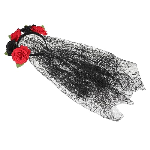 Ipetboom Handgefertigtes Halloween Haarreif Rot Schwarz mit Rosenkranz und Netzschleier Leichter Karneval Kopfschmuck für Damen Komfortabel und Vielseitig für Party und Cosplay von Ipetboom