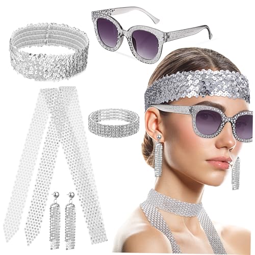 Ipetboom Jahre Disco Accessoires Teilig für Damen Bachelorette Party Weiß mit Haarreif Sonnenbrille Ohrringe Armband und Metallschal für Kostüm und Partyzubehör Ipetboom Jahre Disco Accessoires Teilig für Damen Bachelorette Party Weiß mit Haarreif Sonnenbrille Ohrringe Armband und Metallschal für Kostüm und Partyzubehör von Ipetboom