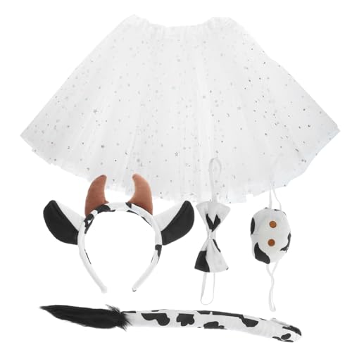 Ipetboom Kuh Kostüm mit Weichem Schwarzem weißem Ohr stirnband Kaffeehörnern Verstellbarem Klettband und Weißem Tüllrock für Halloween Party und Cosplay von Ipetboom