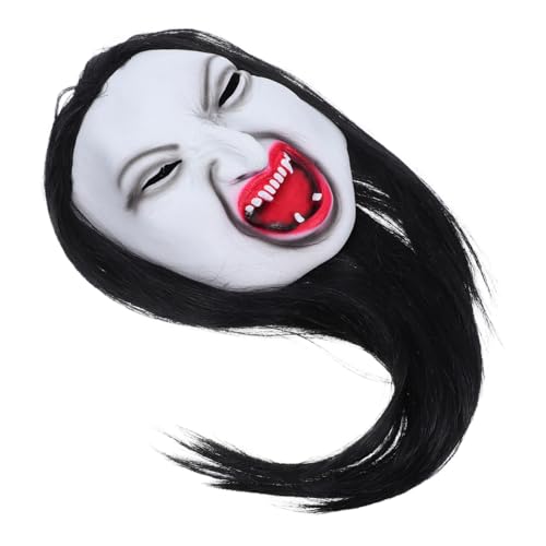 Ipetboom Scary Face Mask mit Realistischer Langer Perücke Gruseliges Halloween Frauengesicht Verstellbar für Erwachsene für Kostümpartys Bühnenauftritte Maskerade von Ipetboom