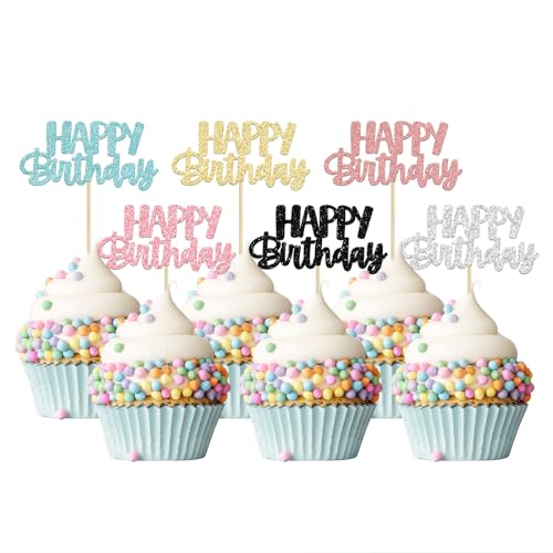 Irikdescia® 24 Stück Happy Birthday Cupcake-Topper, glitzernde Kuchendekorationen, für Geburtstagsfeiern, bringen Geburtstagskuchen zum Leuchten, 6 von Irikdescia