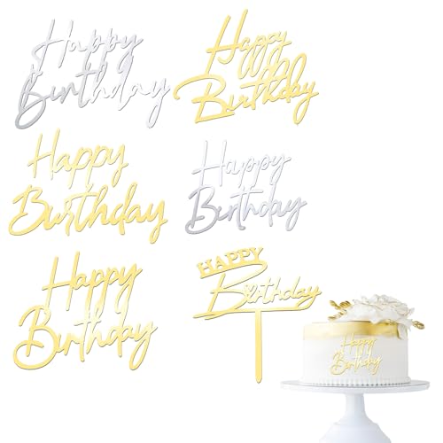 Irikdescia 6 Stück Happy Birthday-Kuchenaufsätze, Verschiedene Formen, um Geburtstagskuchen glänzen zu lassen, Acryl Geburtstagsparty-Zubehör (Gold, Silber) von Irikdescia