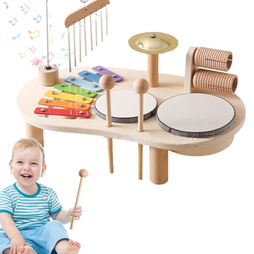Holz-Schlagzeug für Kinder, Holz-Musiktisch-Set, Musikinstrumente für Babys (1 Jahr), 7-in-1 Baby-Trommel-Geburtstagsgeschenk für Jungen und Mädchen von Irrun