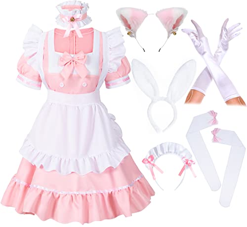 Anime French Girls Bunny Maid Sweet Kawaii Kostüm Cosplay Kleid Pelzige Katze Ohr Handschuhe Socken Set, rose, X-Large von Irtysh