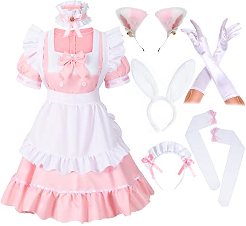 Anime French Girls Bunny Maid Sweet Kawaii Kostüm Cosplay Kleid Pelzige Katze Ohr Handschuhe Socken Set, rose, XXX-Large von Irtysh