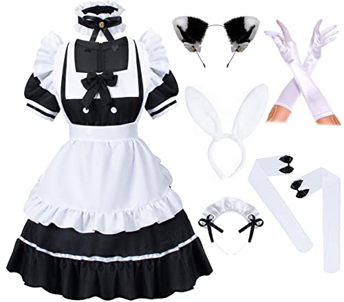 Irtysh Anime Französische Mädchen-Hasenmädchen, süßes Kawaii-Kostüm, Cosplay-Kleid, pelzige Katzenohren-Handschuhe, Socken-Set, Schwarz 3XL von Irtysh