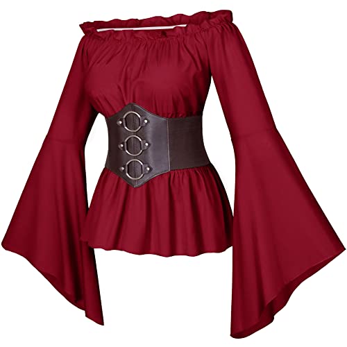 Damen Renaissance viktorianischer Bauern-Rüschen-Boho-Piraten-Shirt mit Gürtel-Set, Rot/Ausflug, einfarbig (Getaway Solids), L von Irtysh