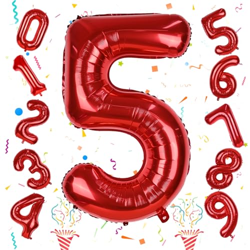 5. Geburtstag Zahlen Ballon Deko für Mädchen, Große Folienballon 0–9 Set Zahlenluftballons, 40 Zoll Rot Zahl 5 Luftballon für Jungen Geburtstagdeko Frau Jubiläum Party Dekoration, Fliegt mit Helium von Isndare
