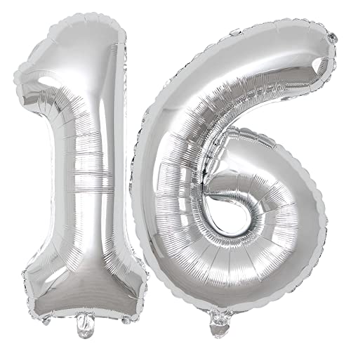 40 Zoll Luftballon Geburtstag Zahl 16, Riesige Silber Folienballon, Helium Zahlenballon für Junge Mädchen Geburtstag, Hochzeit, Jubiläum Party Dekoration(Digital 16) von Isndare