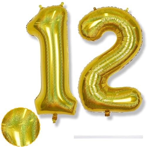 Luftballon Zahlen 12 Laser Gold Geburtstagdeko, Riesen 12 Zahl Goldene Ballon für Herren Jubiläum Party Deko, 40 Zoll 12 Folienballon für Junge Mädchen 12. Geburtstag Dekoration, Fliegt mit Helium von Isndare
